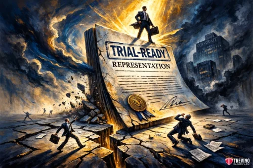How Does Hiring a Trial Lawyer Neutralize Insurance Harassment. A dramatic, surreal scene shows a giant legal document titled "TRIAL-READY REPRESENTATION" erupting from cracked ground. Confident lawyers in suits hold briefcases; papers fly as lightning lights up stormy skies. Skyscrapers in the background say "CORPORATE.