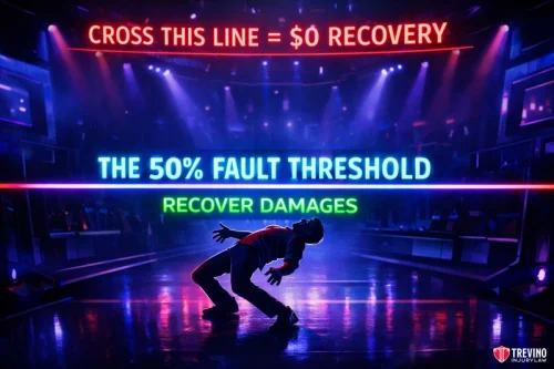 How Does Texas Proportionate Responsibility Divide Pedestrian Accident Fault? A person leans backward under two glowing lines: the top red line reads “CROSS THIS LINE = $0 RECOVERY,” the middle blue line reads “THE 50% FAULT THRESHOLD,” and the bottom green line says “RECOVER DAMAGES.” The Trevino Injury Law logo is in the lower right corner.