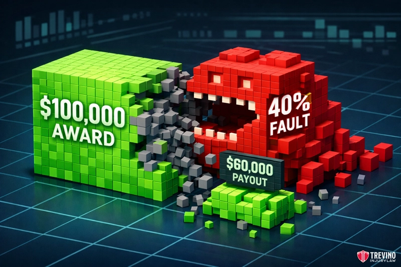How Does Your Share of Fault Affect Your Compensation? A green block labeled "$100,000 AWARD" is being bitten by a red monster block labeled "40% FAULT" with "$60,000 PAYOUT." The monster’s bite removes part of the green block, representing a reduced payout due to fault percentage. Background is a dark grid.