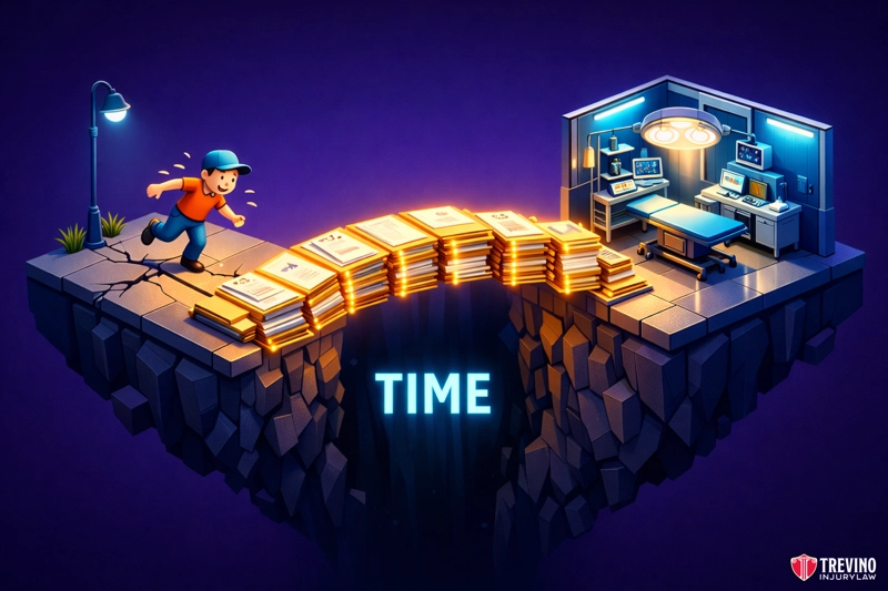 How Long After a Personal Injury Can You Get Surgery and Still Claim Fair Compensation? A cartoon man runs across a bridge made of stacked calendars spanning a dark gap labeled "TIME." On the far side is a brightly lit hospital room with medical equipment. The scene suggests urgency and the passage of time, with a dramatic, colorful lighting style.