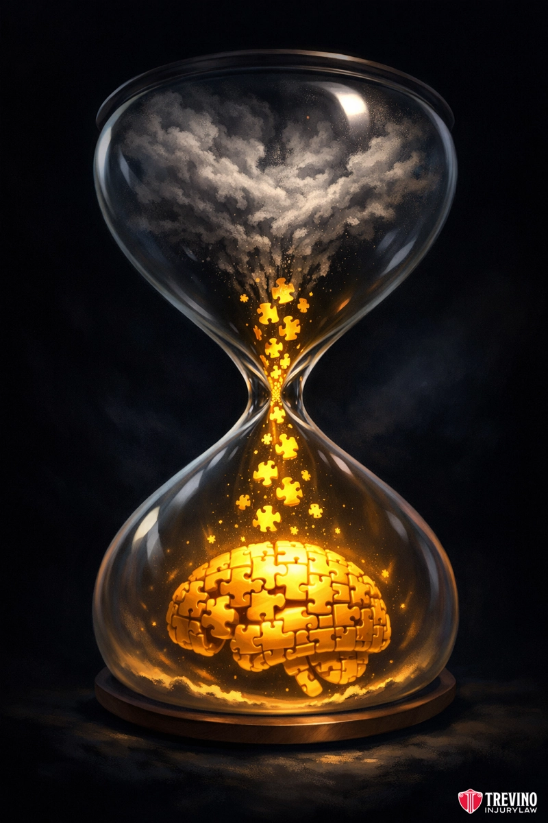 How Long Do TBI Settlements Take to Resolve? An hourglass contains a glowing, golden brain made of puzzle pieces at the bottom. Dark clouds and puzzle pieces pour from the top, symbolizing thoughts or time filling the brain. The background is dark, emphasizing the bright brain. Trevino Art logo is in the corner.