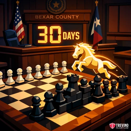 How Long Does It Take to Negotiate and Litigate a Pedestrian Claim in Bexar County? A chessboard sits in a courtroom with white and black pieces set up. A glowing knight piece leaps forward. Behind, a “30 DAYS” sign is displayed, with American and Texas flags and “BEXAR COUNTY” visible. Trevino Injury Law branding is in the corner.