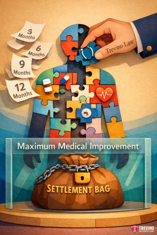 How Long Does the Medical Recovery Phase Delay Your Pedestrian Settlement? Illustration of a human silhouette made of puzzle pieces depicting medical symbols. A hand adds a final puzzle piece labeled "Trevino Law." Timeline signs from 3 to 12 months are above. Below, a "SETTLEMENT BAG" sits under a sign reading "Maximum Medical Improvement.