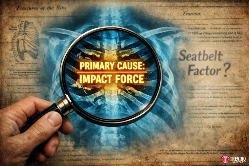 How Much Does Not Wearing a Seat Belt Reduce Your Settlement? A hand holds a magnifying glass over a chest X-ray image, highlighting the words "PRIMARY CAUSE: IMPACT FORCE." In the background are rib fracture diagrams and medical text, with "Seatbelt Factor?" visible on the right. Trevino Injury Law’s logo is at the bottom.
