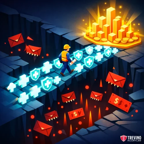 How Will You Pay Medical Bills and Replace Income After a Job Site Injury? An illustrated worker crosses a bridge of blue shields over a chasm filled with red warning emails and dollar signs, heading towards piles of gold. The Trevino Injury Law logo is in the bottom right corner. The image represents security protecting assets from digital threats.