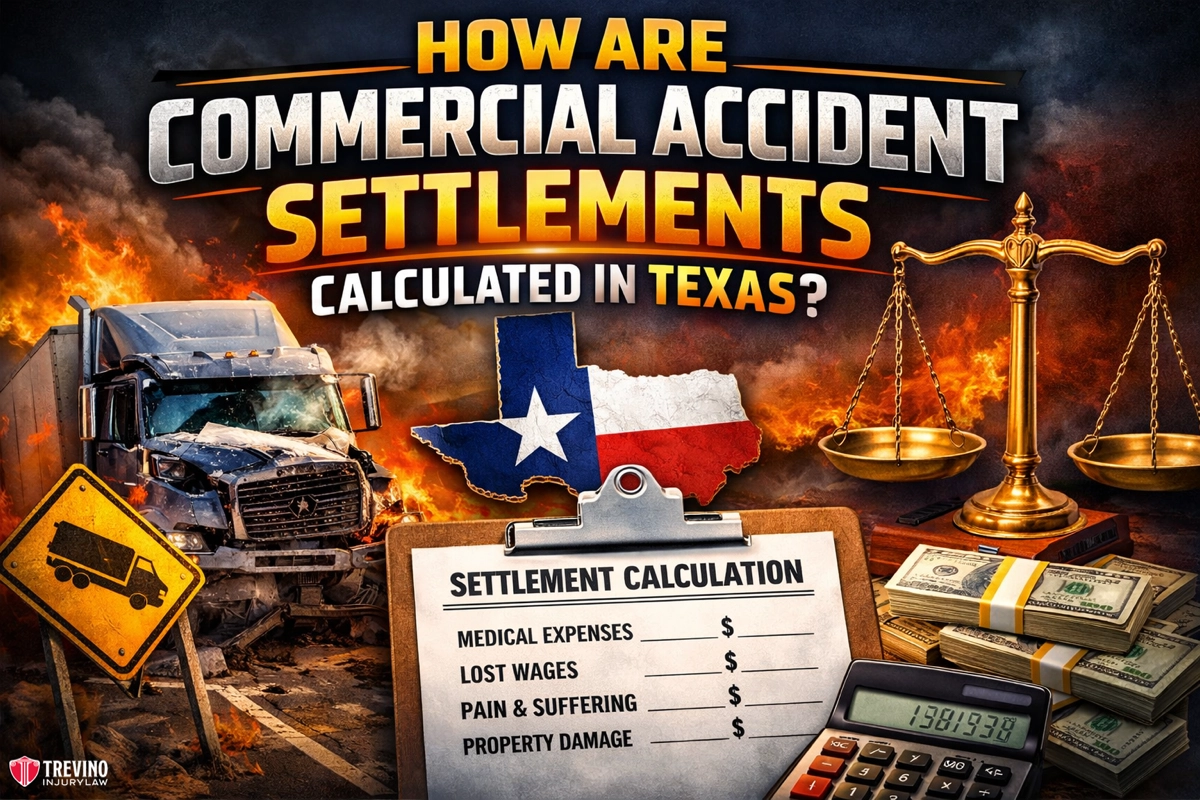 How-are-commercial-accident-settlements-calculated-in-texas. A fiery truck accident scene with smoke behind bold text: "How are commercial accident settlements calculated in Texas?" A Texas map, clipboard listing damages, scales of justice, cash stacks, and calculator emphasize legal and financial aspects.
