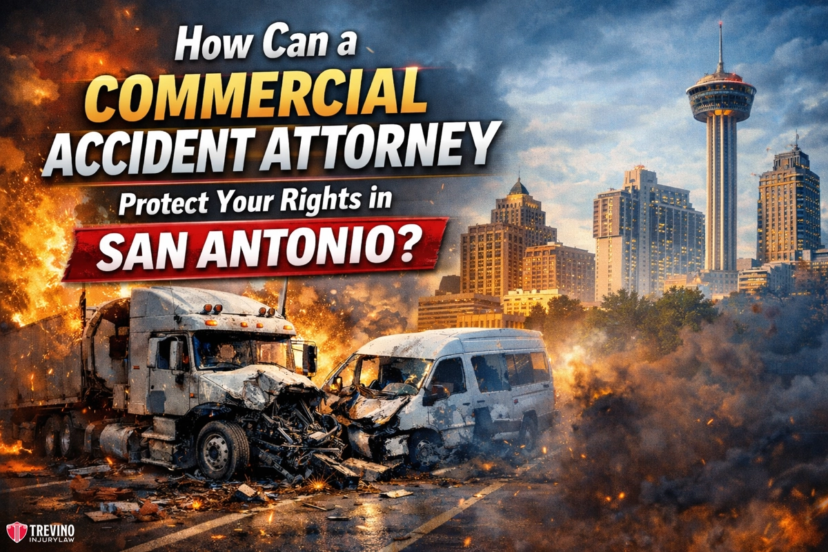 How-can-a-commercial-accident-attorney-protect-your-rightsA truck and a van collide, both heavily damaged, with flames and smoke rising. Downtown San Antonio’s skyline and the Tower of the Americas appear in the background. Bold text asks how a commercial accident attorney can protect your rights in San Antonio.