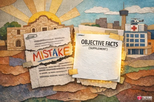 How do I correct a mistake on a San Antonio police report? A textured illustration shows papers labeled “MISTAKE” and “OBJECTIVE FACTS (SUPPLEMENT)” over a colorful landscape with the sun, the Alamo, downtown buildings, and a hospital with a helicopter. The Treviño Injury Law logo is at the bottom right.