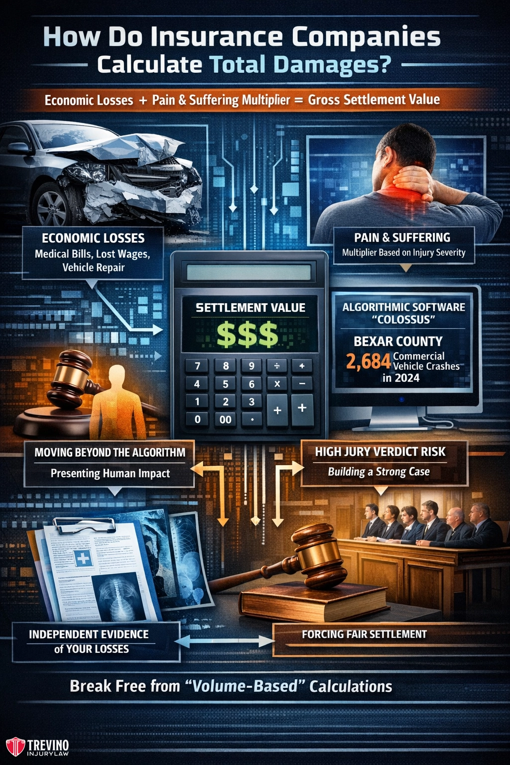 How-do-insurance-companies-calculate-total-damages. An infographic explains how insurers calculate total damages, showing factors like economic losses, pain and suffering, software algorithms, jury verdict risks, human impact, independent evidence, and forced settlements, all surrounding a calculator with “Settlement Value.”.