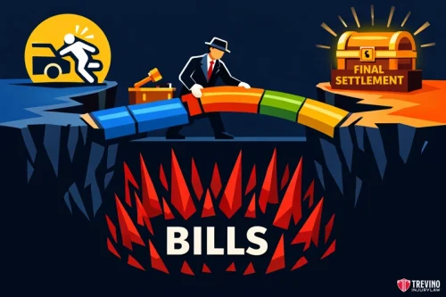 How do you pay for medical bills after a pedestrian accident in Texas? A man in a suit bridges a fiery chasm labeled “BILLS” with thick cables, connecting a car crash scene to a treasure chest marked “Final Settlement.” This represents linking accident compensation to covering expenses.