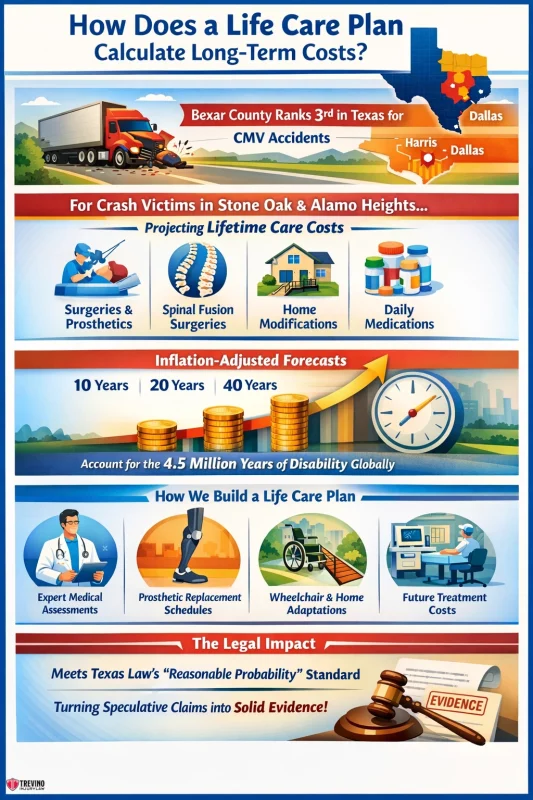 How-does-a-life-care-plan-calculate-long-term-costs. Infographic explains how a life care plan calculates long-term costs after truck crashes, showing Texas counties, crash victims, cost projections, inflation forecasts, expert consultations, care plan building, legal standards, and evidence documentation.