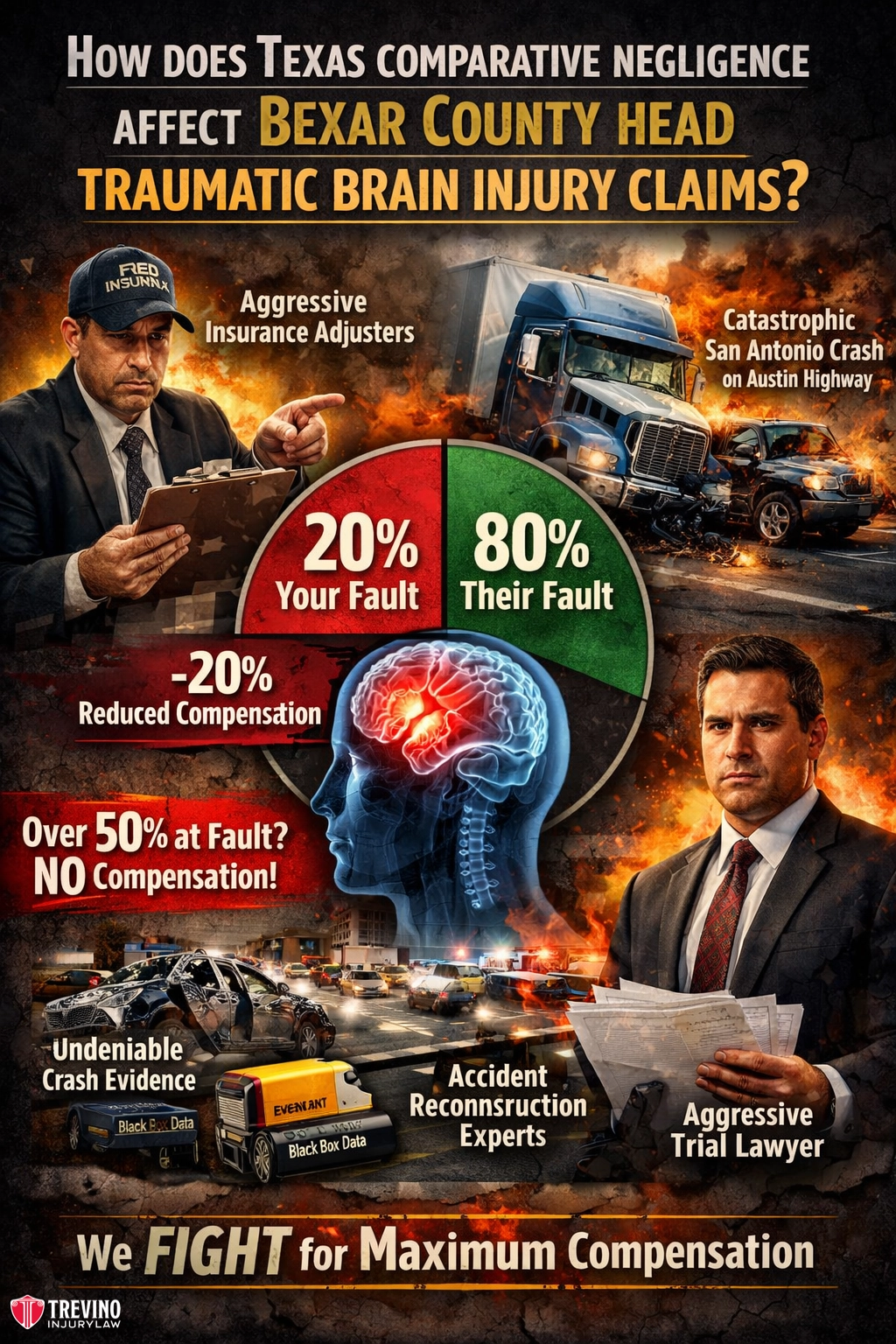 How-does-texas-comparative-negligence-affect-traumatic-brain-injury. Infographic showing two lawyers, a brain graphic, and a truck crash scene. Text explains Texas comparative negligence: 20% your fault means 20% less compensation; over 50% at fault means no payout. Services shown: crash forensics, accident experts, aggressive legal action.