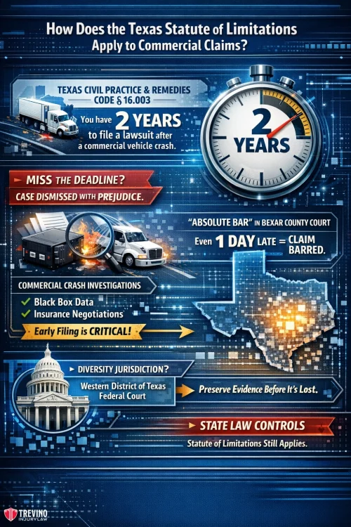 Infographic explains Texas commercial crash claims: You have 2 years to file a claim. Missing this results in case dismissal. Early filing helps with investigations. In Bexar County, claims may be barred even 1 day late. State law controls; some cases go to federal court.