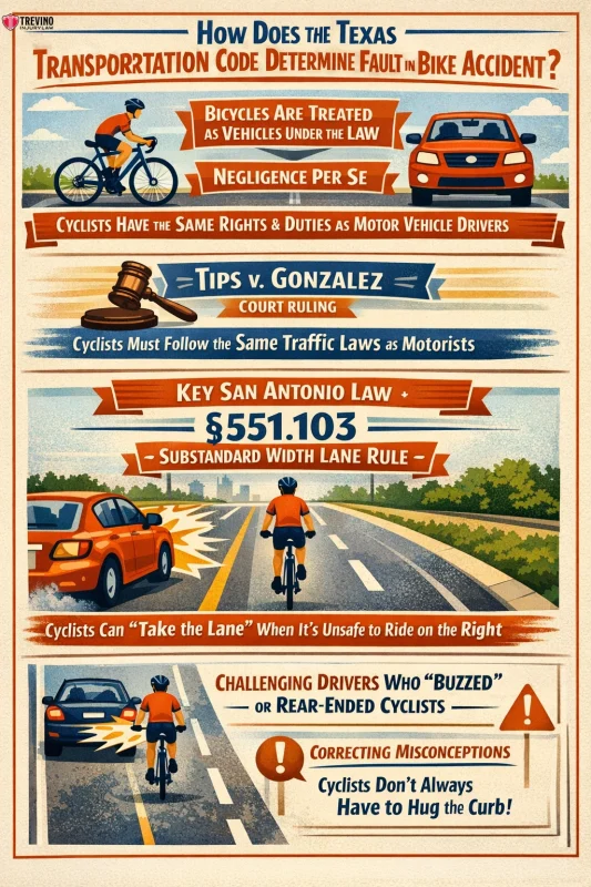 An infographic explains Texas bike accident law. Illustrated cyclists ride on roads with cars. Key points include: bikes are treated as vehicles, cyclists follow driver rules, may “take the lane,” and lane substandard width case. Myth-busting clarifies cyclists’ rights.