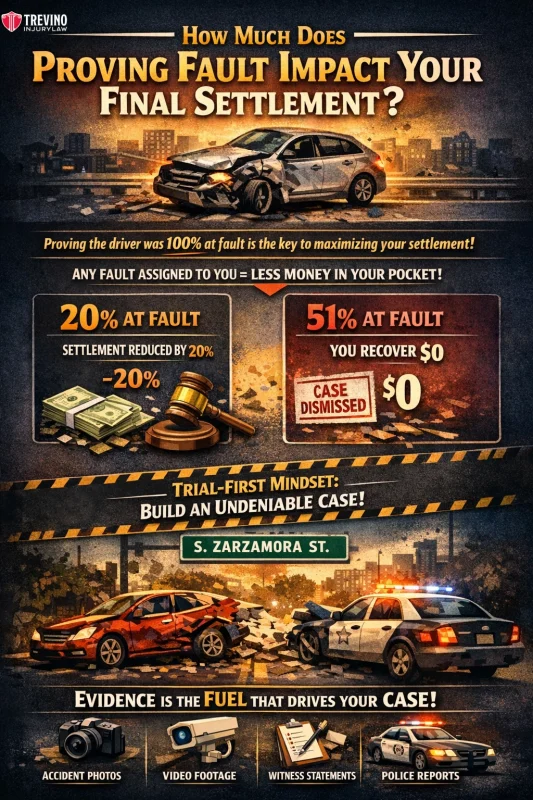 A legal-themed infographic with images of crashed cars and police. It explains that being found at fault in an accident reduces settlements—20% at fault means a 20% reduction, 51% at fault means no payout or case dismissal. Evidence types are listed at the bottom.