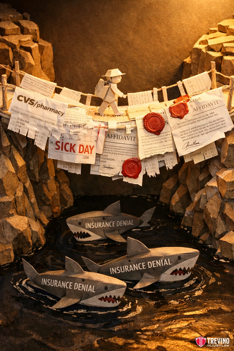 How to Explain Treatment Gaps to Insurance in Slip and Fall Cases? A paper figure stands on a rope bridge made of official documents and red wax seals, spanning rocky cliffs over water. Below, sharks labeled “INSURANCE DENIAL” circle, while “CVS pharmacy” and “SICK DAY” papers hang from the bridge. Warm lighting highlights the scene.