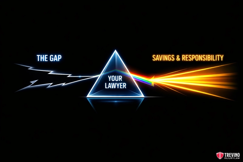 How to Negotiate a Slip and Fall Settlement with Treatment Gaps? A dark background shows a prism labeled "Your Lawyer," with blue rays labeled "The Gap" entering from the left and splitting into yellow and orange rays labeled "Savings & Responsibility" on the right. Trevino Injury Law logo is in the lower right corner.