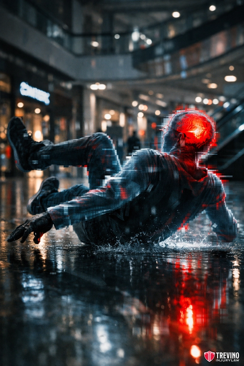 How to Prove Property Owner Negligence in a Slip and Fall TBI Case? A person falls backward on a wet mall floor. Their body is partially “glitching” with pixelated effects, and their head glows red, giving a digital or virtual reality appearance. Reflections and light create a dramatic atmosphere.