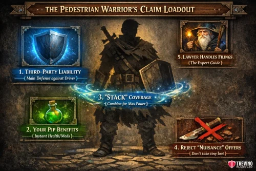 How to file an insurance claim as a pedestrian in Texas? A fantasy-themed infographic titled "The Pedestrian Warrior’s Claim Loadout" features a silhouetted warrior surrounded by five claim options: Third-Party Liability, PIP Benefits, "Stack" Coverage, Reject “Nuisance” Offers, and Lawyer Handles Filings, each with icons and brief descriptions.