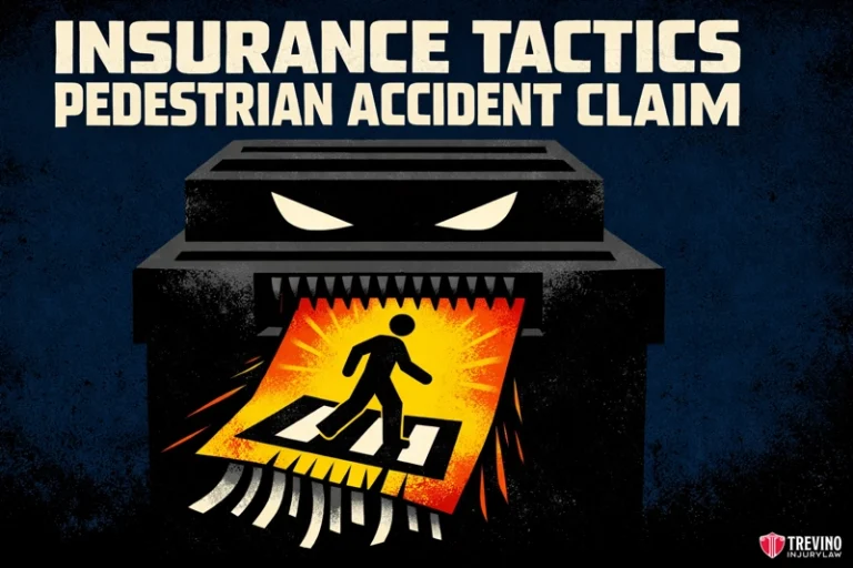 Insurance tactics pedestrian accident claim. An ominous black machine with sharp teeth shreds a pedestrian sign with a person walking, symbolizing aggressive insurance tactics. Large text above reads, "Insurance Tactics Pedestrian Accident Claim." Trevino Injury Law logo is at the bottom right.