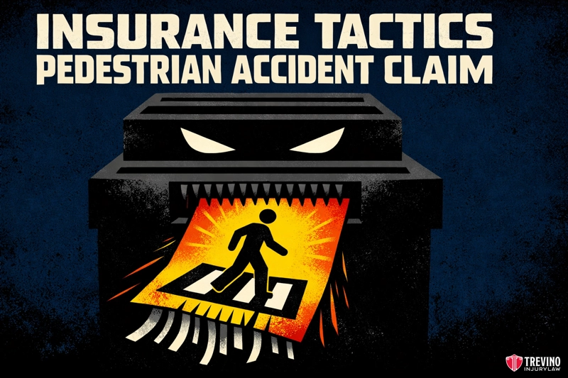 Insurance tactics pedestrian accident claim. An ominous black machine with sharp teeth shreds a pedestrian sign with a person walking, symbolizing aggressive insurance tactics. Large text above reads, "Insurance Tactics Pedestrian Accident Claim." Trevino Injury Law logo is at the bottom right.