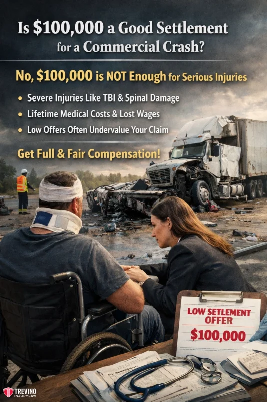 Is-100-a-good-settlement-for-a-commercial-crash. A man in a wheelchair, with a neck brace and arm in a sling, holds hands with a woman and looks at a crash scene involving two trucks. A sign reads "Low Settlement Offer $100,000." Text above discusses why $100,000 is not enough for serious injuries.
