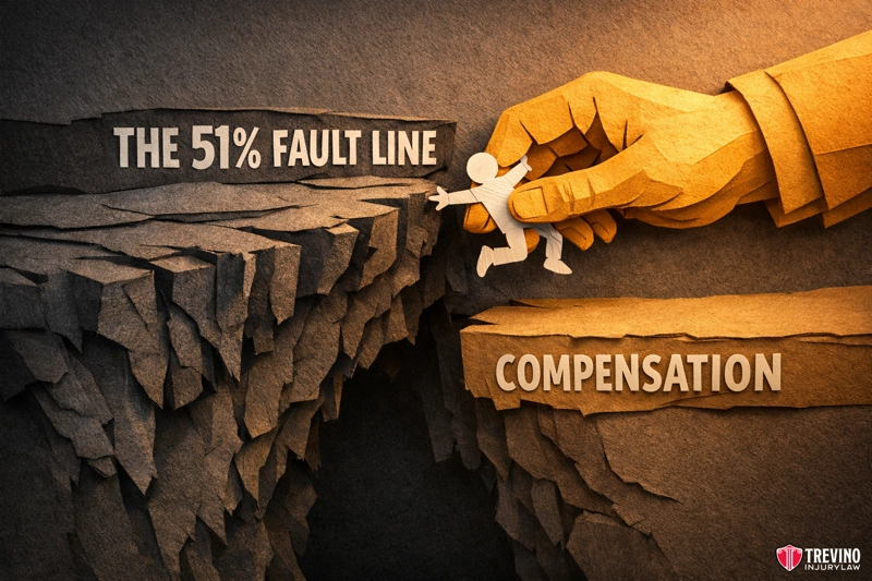 Is It Worth Hiring a Lawyer if I Wasnt Wearing a Seat Belt? A large hand pulls a paper-cutout figure from a cliff labeled “THE 51% FAULT LINE” over to another ledge labeled “COMPENSATION.” The image has a textured, layered paper style with Trevino Injury Law’s logo at the bottom right.