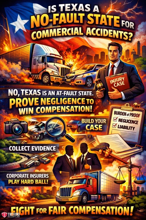 A vibrant infographic with trucks, businessmen, and legal icons explains Texas is not a no-fault state for commercial accidents. It highlights the need to prove negligence, collect evidence, and build a case for fair compensation, with a strong, dynamic color scheme.