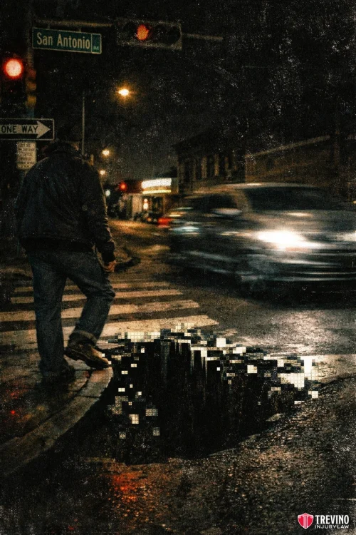 Liability on San Antonios High Risk Pedestrian Corridors. At night on a wet city street, a person stands by a crosswalk near a street sign reading "San Antonio." A car blurs past. The pavement appears broken, revealing a pixelated cityscape beneath, blending reality with digital art. The image has a gritty, textured look.