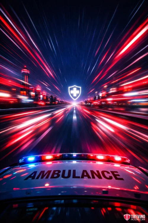 Medical Treatment After a San Antonio Pedestrian Accident. A speeding ambulance with flashing red and blue lights drives down a city street at night. Light streaks radiate outward, creating a sense of motion. Ahead, a glowing white medical cross shield symbol floats in the night sky. Trevino Injury Law logo is in the corner.