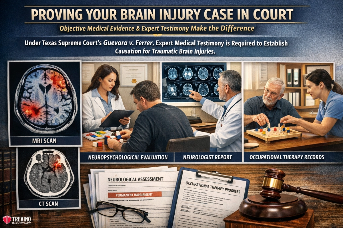 Proving-your-brain-injury-case-in-court-. An informative graphic titled "Proving Your Brain Injury Case in Court" shows MRI and CT brain scans, a neuropsychological assessment, a doctor reviewing brain images, and a therapist helping an older man with therapy tasks at a table. Text explains legal and medical requirements.