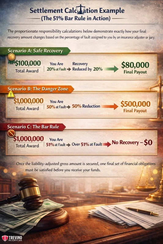 Settlement-calculation-example. An infographic titled “Settlement Calculation Example (The 51% Bar Rule in Action)” shows three scenarios using charts and arrows to explain injury claim payouts based on fault percentage, with amounts and outcomes, set on a background with law books, a gavel, and scales.