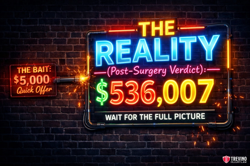 Should I Settle My Slip and Fall Case Before or After Surgery? A neon sign shows “THE REALITY (Post-Surgery Verdict): $536,007. Wait for the full picture” and a smaller sign reads “The bait: $5,000 quick offer.” Wires connect the signs, and the Trevino Injury Law logo appears in the bottom right corner.