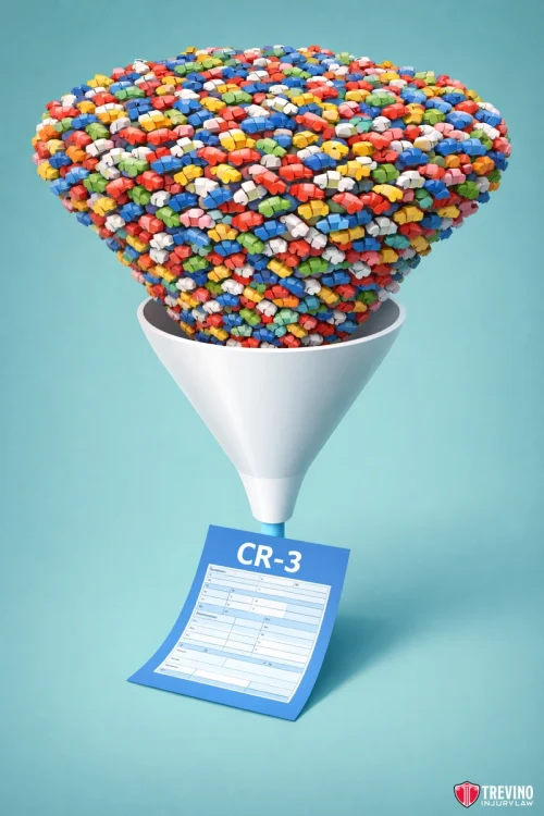 Step-by-Step-How-to-Request-Your-SAPD-Accident-Report. A white funnel holds a dense mass of colorful toy cars, with only a few emerging out the narrow end onto a blue “CR-3” police crash report form. The image highlights the selection process and limitation of reporting auto accidents.