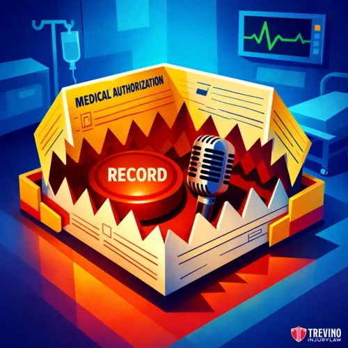 Tactic 1 Using Recorded Statements and Medical Authorizations as Traps. A medical authorization form shaped like a bear trap surrounds a red “RECORD” button and a microphone. The scene is in a hospital room with a heart monitor and IV. The image features the Trevino Injury Law logo in the bottom right corner.