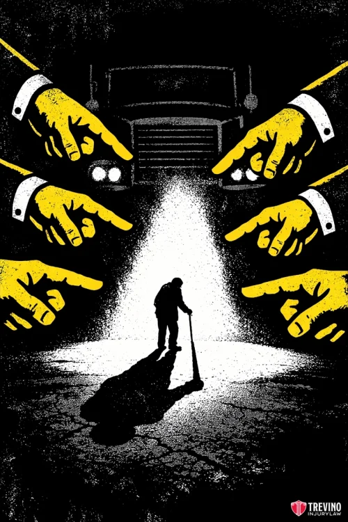 Tactic 2 Shifting Blame to Injured Pedestrians to Evade Liability. A lone person with a cane stands in a beam of light below a large truck grill. Six large yellow hands point accusingly at the person from above, set against a stark black background. The mood is tense and dramatic, suggesting judgement or blame.