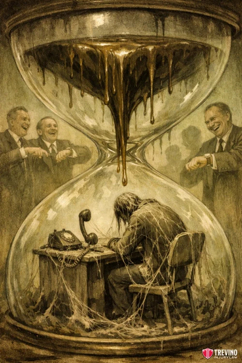 Tactic 3 Deploying Swoop and Settle Offers and Intentional Delays. A weary person sits slumped at a cobweb-covered desk inside an hourglass, with sand running down on them. Above, three suited men outside the hourglass mockingly check their watches and laugh as time drips away, symbolizing workplace stress and exploitation.