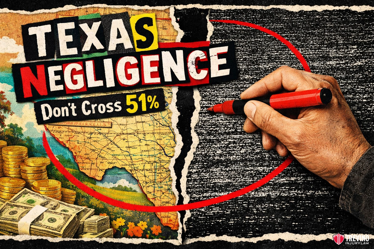 Texas 51% rule. A torn image of a Texas map with bold text: “TEXAS NEGLIGENCE Don’t Cross 51%.” A hand circles the map with a red marker. Stacks of gold coins and bundles of cash sit on the left, while a rough black background is on the right.