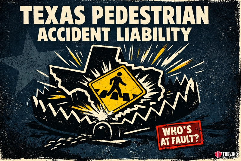 Texas Pedestrian Accident Liability. A yellow pedestrian crossing sign is trapped in a bear trap shaped like Texas. Large bold text reads “Texas Pedestrian Accident Liability” and a red sign at the bottom asks, “Who’s at fault?” The background is dark with distressed textures.