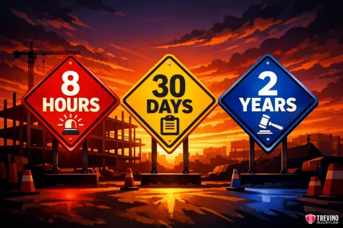 What Are the Deadlines for Reporting a Job Site Accident to Your Employer and OSHA? Three diamond-shaped road signs in front of a construction site at sunset read: “8 Hours” with an alert icon, “30 Days” with a clipboard icon, and “2 Years” with a gavel icon. Trevino Injury Law Firm logo is in the lower right corner.