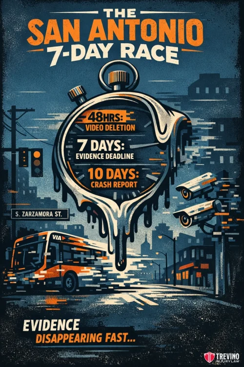What Are the Most Urgent Deadlines in the First 7 Days After a Pedestrian Accident? Illustrated poster showing a melting stopwatch over a city street at night, with a bus, surveillance cameras, and buildings. Text highlights deadlines: 48 hours for video, 7 days for evidence, 10 days for crash reports. Slogan: "Evidence disappearing fast...