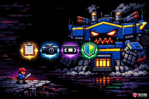 What Are the Steps to File a Slip and Fall Accident Claim Against Walmart in Texas? A pixel art scene shows a small hero with a red cap and sword facing a giant, robotic fortress with glowing red eyes. Floating icons—a clipboard, camera, cassette, and shield—hover between them. The background is dark and atmospheric, evoking a video game.