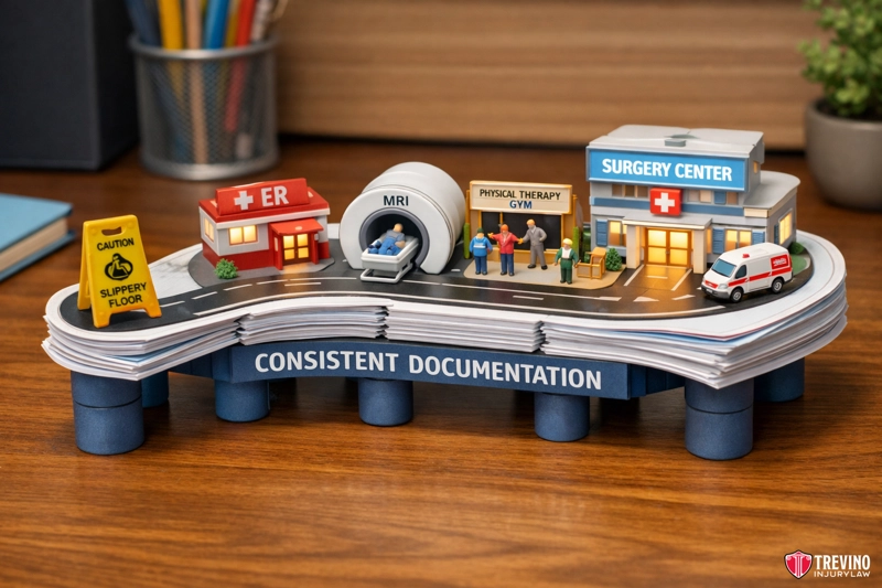 What Evidence Strengthens a Slip and Fall Claim Involving Surgery? A model road with an ER, MRI station, physical therapy gym, and surgery center sits atop neatly stacked papers labeled “CONSISTENT DOCUMENTATION.” A caution sign and ambulance are present; the scene is on a wooden desk, suggesting a healthcare theme.