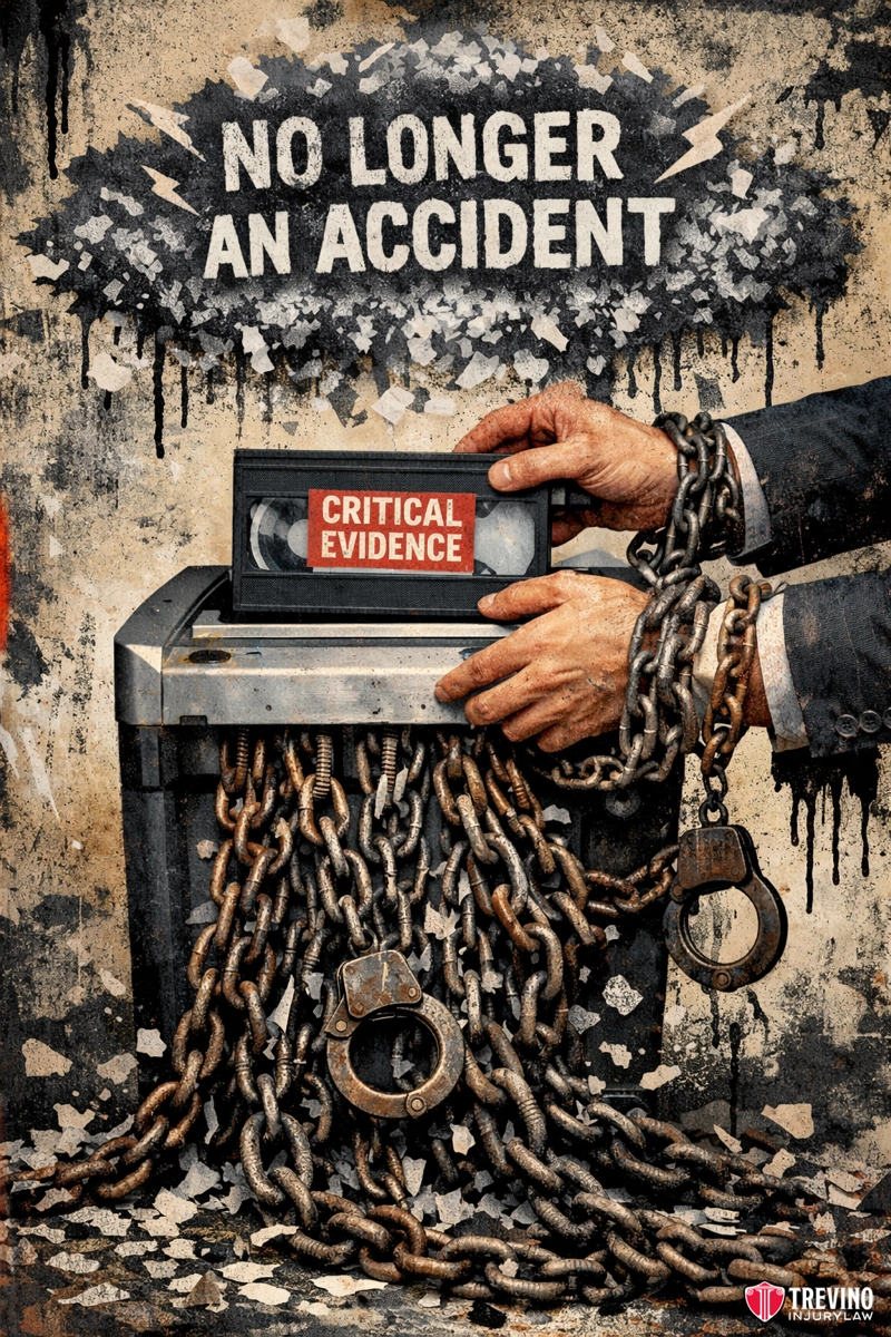 What Happens If a Store Destroys Evidence After Receiving Notice? A pair of chained, handcuffed hands push a box labeled "CRITICAL EVIDENCE" into a shredder. Above, bold text reads "NO LONGER AN ACCIDENT." The background is grungy, with chains and locks symbolizing secrecy or cover-up.