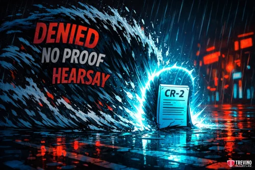 What If the Police Didnt Come How to File a Drivers Crash Report? A dramatic scene shows a document labeled “CR-2” being engulfed by a glowing blue wave. Bold text reads “DENIED,” “NO PROOF,” and “HEARSAY.” The background is dark and rainy with red city lights. “Trevino Injury Law” appears in the bottom right corner.