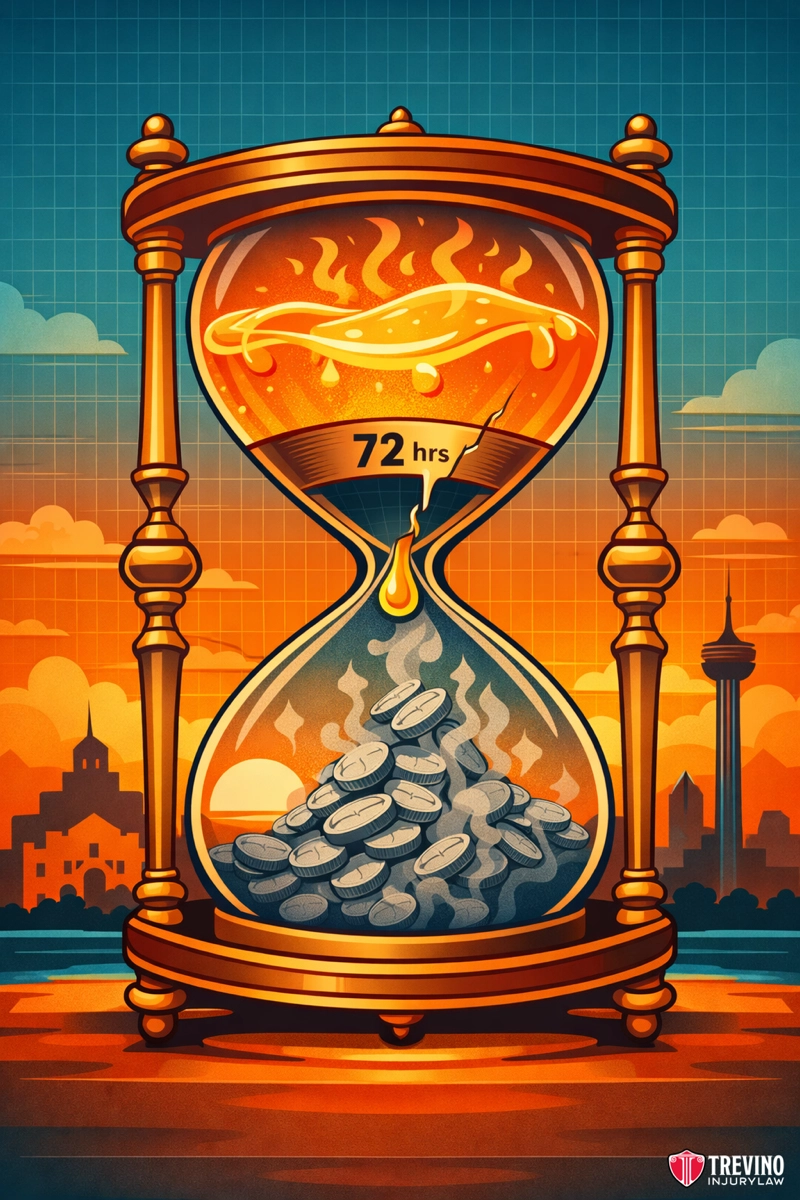 What Is Considered a Fatal Gap in Treatment in San Antonio Injury Claims? A large hourglass with fiery sand marked “72 hrs” flows from the top chamber to the bottom, where it turns into piles of silver coins. The background features a city skyline at sunset. Illustration style is bold and colorful. Trevino Injury Law logo is at bottom right.