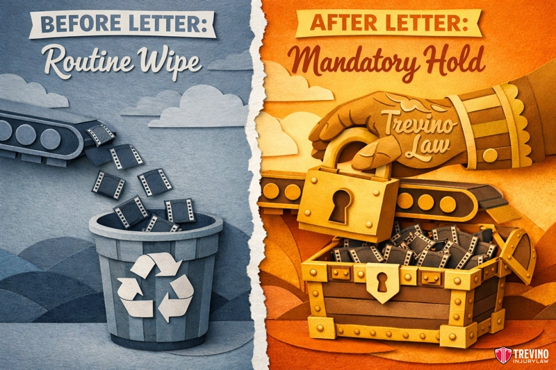 What Is a Spoliation Letter in a Slip and Fall Case? The image is split in half. Left: “Before Letter: Routine Wipe” shows film strips dropping from a conveyor belt into a recycling bin. Right: “After Letter: Mandatory Hold” shows film strips being placed into a locked chest by a hand labeled “Trevino Law.”.