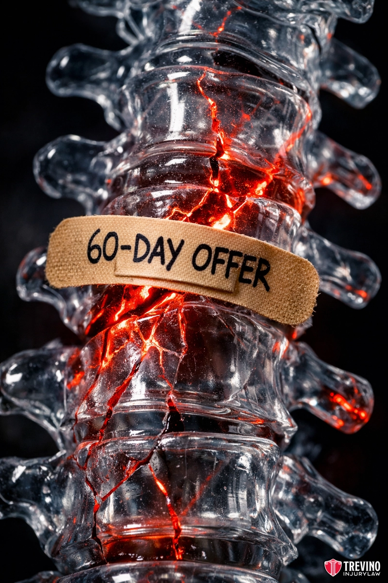What Is the Average Timeline to Settle a Slip and Fall Spinal Injury Case. A close-up view of a cracked, transparent spinal column glowing with red light from within. A tan bandage labeled “60-DAY OFFER” is placed across the vertebrae, suggesting a healing or limited-time solution. The Trevino Injury Law logo is visible in the corner.