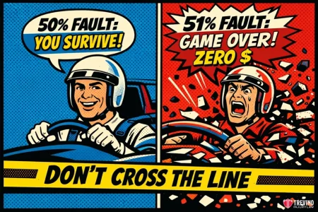 What Is the Texas 51 Rule in Personal Injury Cases? Split comic-style image: Left shows a happy racecar driver (blue), captioned "50% FAULT: YOU SURVIVE!" Right shows a panicked driver crashing (red), captioned "51% FAULT: GAME OVER! ZERO $". Bottom banner says "DON'T CROSS THE LINE".