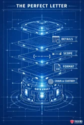 What Must Be Included in a Valid Spoliation Letter? A futuristic blueprint diagram shows layers labeled Details, Scope, Format, and Chain of Custody above a glowing vault labeled Data Vault, depicting the components of “The Perfect Letter.” Technical icons and glowing lines connect each section.